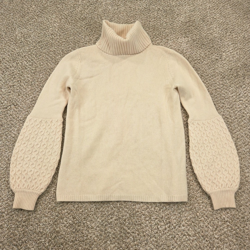 Magaschoni 100% Cashmere Cream Turtleneck Balloon Sleeve Ribbed Sweater Size XS